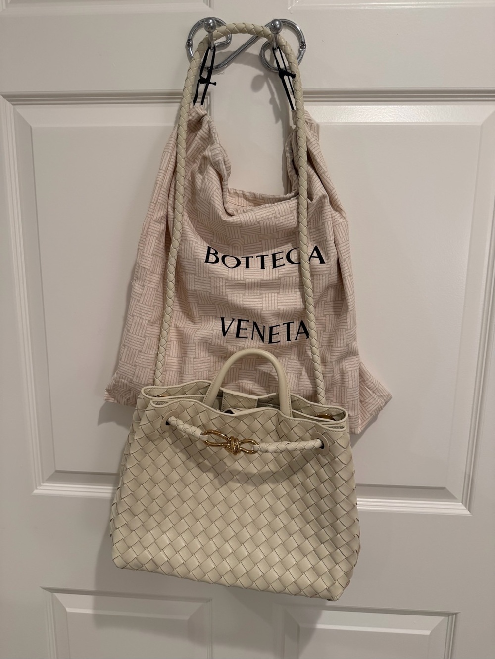 Woven Leather Top-Handle Tote in Cream with Gold Accent - Picture 4 of 9